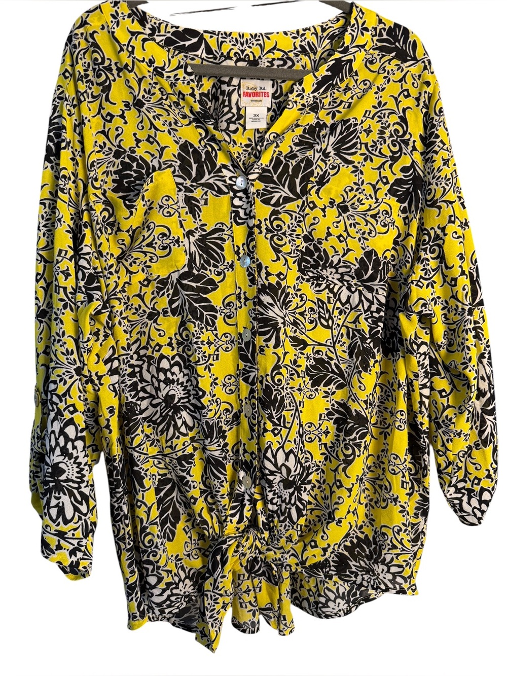Ruby Rd Favorites Women’s 2X Yellow Black Floral Button Front Tie Hem Blouse NWT